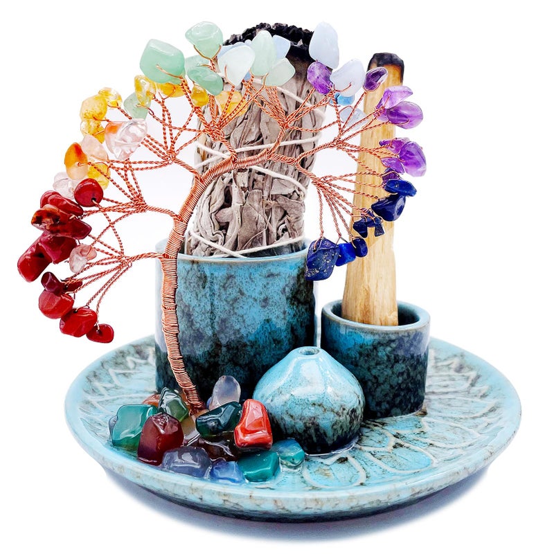 YIENENG 5 in 1 Incense Burner Holder with Crystal Healing Tree, Palo Santo Holder, Sage Holder, Incense Holder for Sticks/Cones/Candles, Ceramic Tray Ash Catcher for Burning Incense, Meditation Gift - Image 1