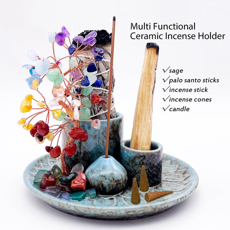 YIENENG 5 in 1 Incense Burner Holder with Crystal Healing Tree, Palo Santo Holder, Sage Holder, Incense Holder for Sticks/Cones/Candles, Ceramic Tray Ash Catcher for Burning Incense, Meditation Gift - Image 4