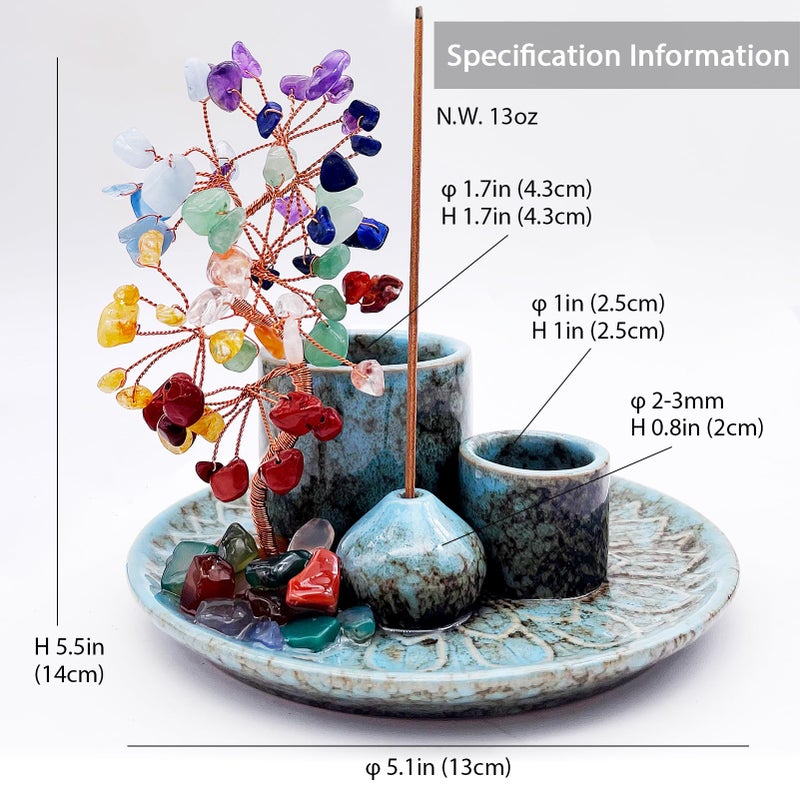 YIENENG 5 in 1 Incense Burner Holder with Crystal Healing Tree, Palo Santo Holder, Sage Holder, Incense Holder for Sticks/Cones/Candles, Ceramic Tray Ash Catcher for Burning Incense, Meditation Gift - Image 3
