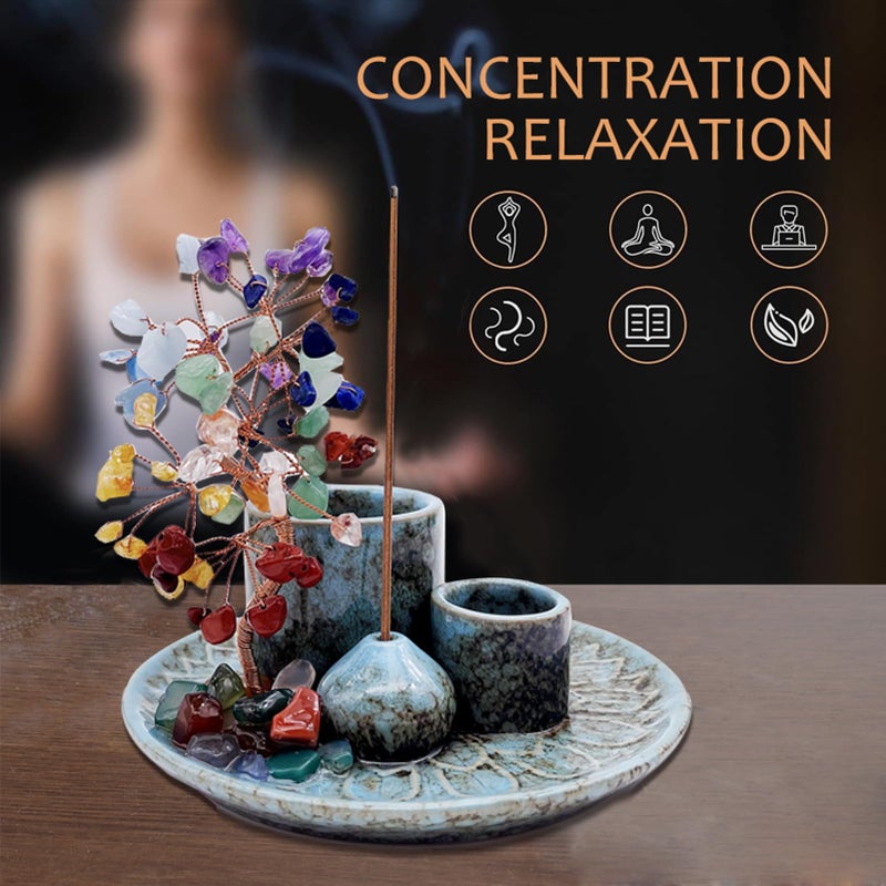 YIENENG 5 in 1 Incense Burner Holder with Crystal Healing Tree, Palo Santo Holder, Sage Holder, Incense Holder for Sticks/Cones/Candles, Ceramic Tray Ash Catcher for Burning Incense, Meditation Gift - Image 2