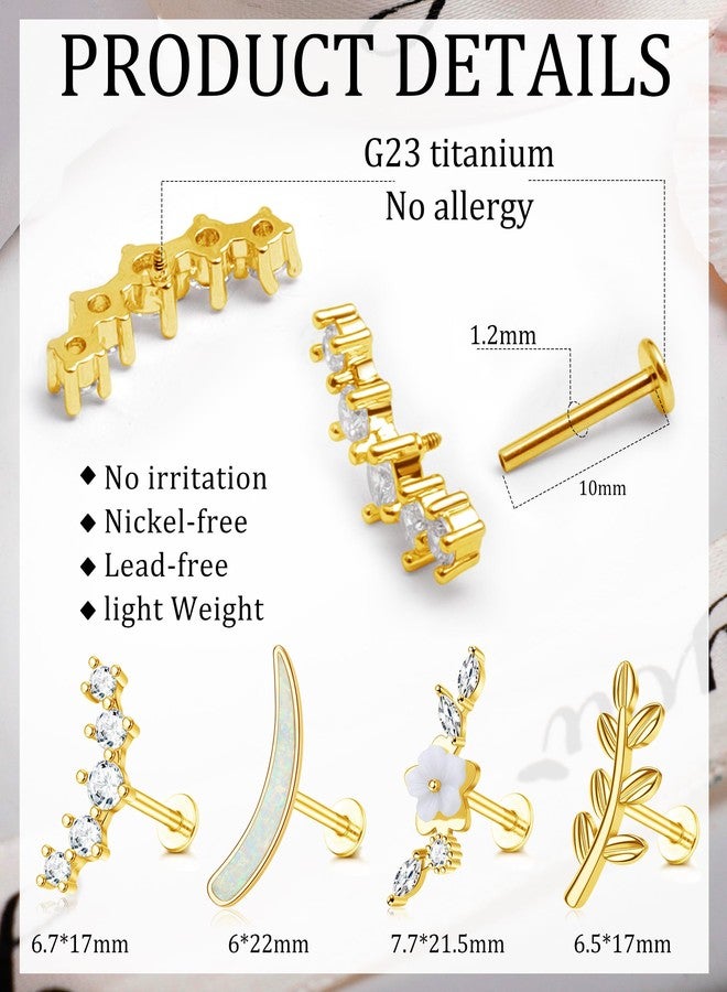 MJust Titanium Flat Back Earrings for Women & Men, 4 Pcs Hypoallergenic Medical Grade Titanium Stud Earrings for Cartilage，Screw Back Cartilage Earrings Set for Sensitive Ears with CZ & Opal (Golden-10mm) - Image 2