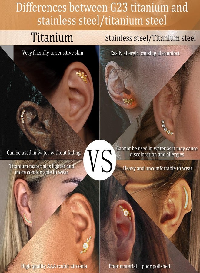 MJust Titanium Flat Back Earrings for Women & Men, 4 Pcs Hypoallergenic Medical Grade Titanium Stud Earrings for Cartilage，Screw Back Cartilage Earrings Set for Sensitive Ears with CZ & Opal (Golden-10mm) - Image 3