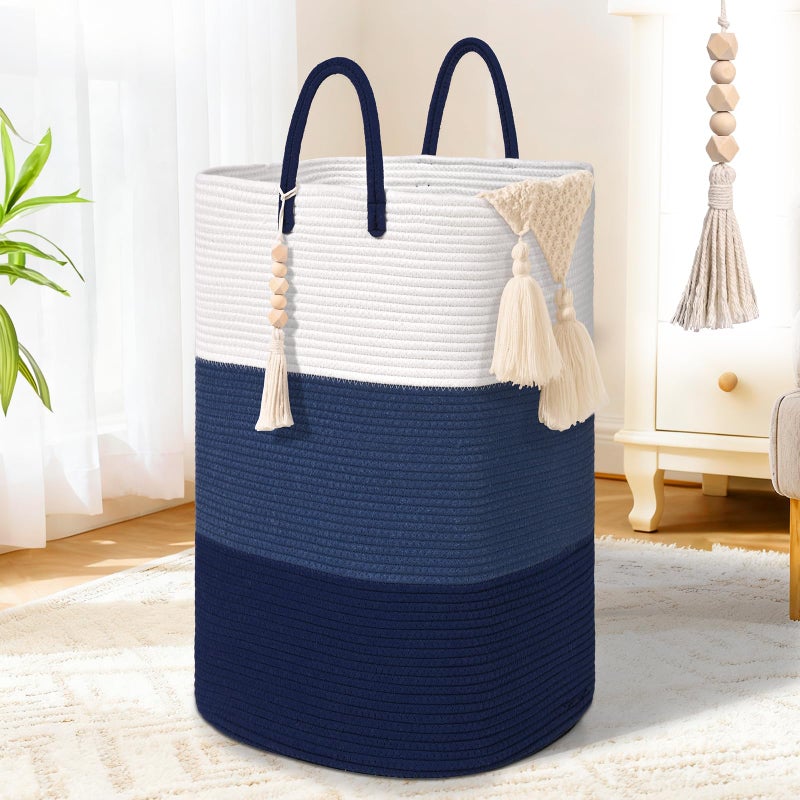 WENMER Woven Laundry Basket for Clothes,65 L Large Rectangle Laundry Hampers with Beads Tassel, Nursery Storage Basket for Toys, Tall Dirty Clothes Hamper for Bedroom Aesthetic, Laundry Room Organization - Image 1