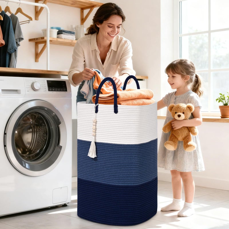 WENMER Woven Laundry Basket for Clothes,65 L Large Rectangle Laundry Hampers with Beads Tassel, Nursery Storage Basket for Toys, Tall Dirty Clothes Hamper for Bedroom Aesthetic, Laundry Room Organization - Image 2