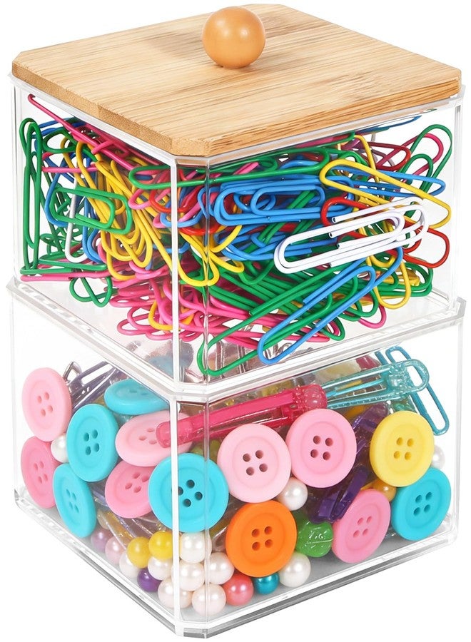 HUTUDD Clear Paper Clip Holder, Paperclip Holder with Bamboo Lid, Stackable Paperclip Holders for Desk, Paper Clip Dispenser Organizer for Office Home School Bathroom Supply Accessories, 2 Pack - Image 1