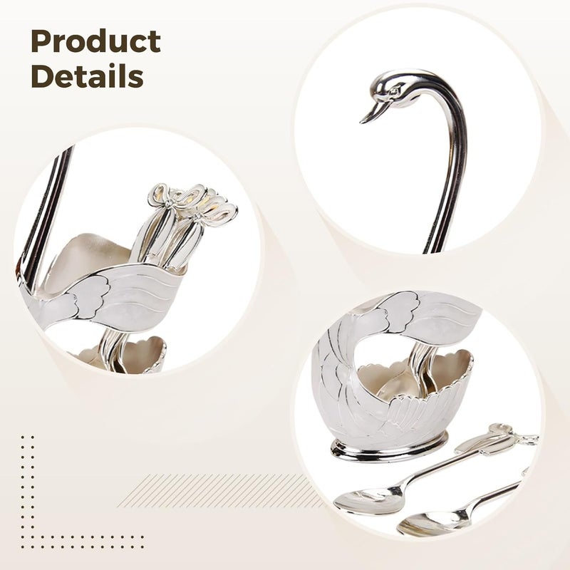 مجموعة من 7 ملاعق مصنوعة من الفولاذ المقاوم للصدأ، تشمل مقلاعد على شكل أوز، ملاعق حلوى بمقبض من الشريط، وملاعق قهوة أنيقة، تُعد زينة رائعة لمركز الطاولة في الحفلات المنزلية. - Image 4