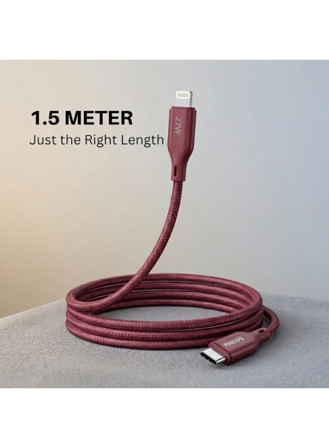 PHILIPS USB Type-C to Lightning Fast Charging Cable, 27W Fast Charging, MFi Certified, Nylon Braided, 1.5m, Iron Red, DLC4150LI/94 Red - Image 4