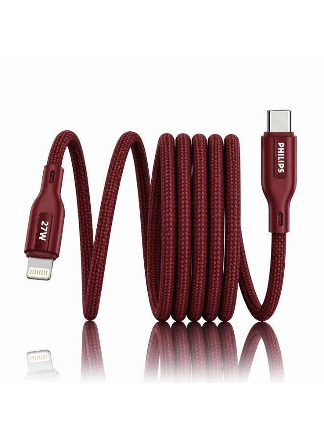 PHILIPS USB Type-C to Lightning Fast Charging Cable, 27W Fast Charging, MFi Certified, Nylon Braided, 1.5m, Iron Red, DLC4150LI/94 Red - Image 1