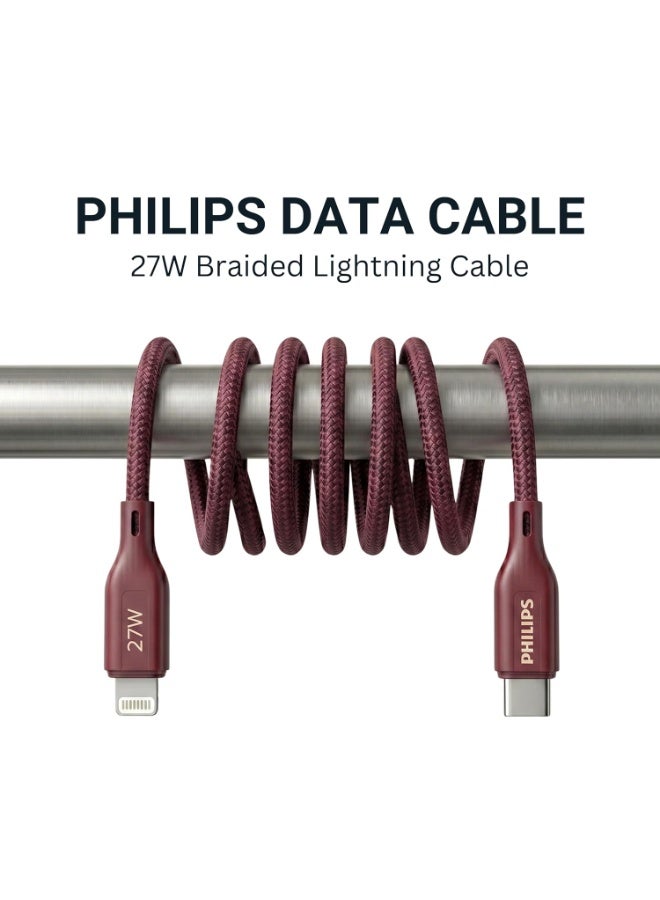 PHILIPS USB Type-C to Lightning Fast Charging Cable, 27W Fast Charging, MFi Certified, Nylon Braided, 1.5m, Iron Red, DLC4150LI/94 Red - Image 2