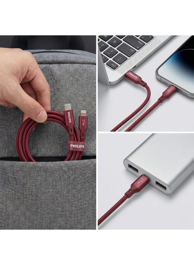 PHILIPS USB Type-C to Lightning Fast Charging Cable, 27W Fast Charging, MFi Certified, Nylon Braided, 1.5m, Iron Red, DLC4150LI/94 Red - Image 5