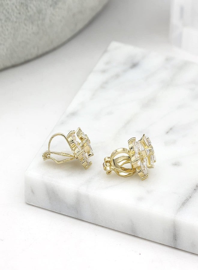 يوكول أقراط YOQUCOL على شكل زهرة ندفة ثلجية مرصعة بكريستال الزركونيا المكعب الذهبي، بمشبك، بدون ثقب، للنساء - Image 3