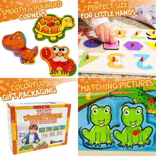 WOOODLIFY 7 Pack Wooden Puzzles for Toddlers 2 3 4 5 Years Old - 7 Colorful Chunky Wood Peg Puzzles for Kids Ages 2-5, Alphabet Shape Numbers Fruits Sea Animals Dinosaur Zoo - Educational Toddler Learning Toys - Image 5