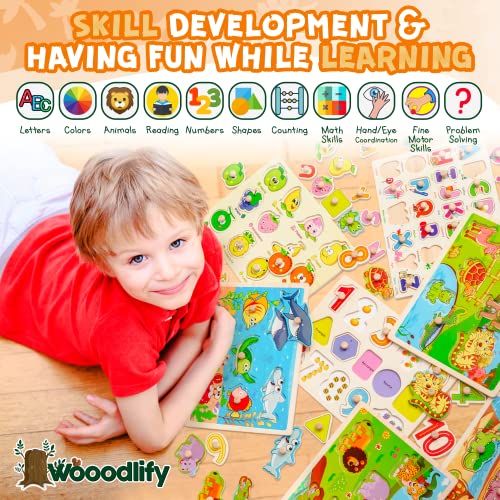 WOOODLIFY 7 Pack Wooden Puzzles for Toddlers 2 3 4 5 Years Old - 7 Colorful Chunky Wood Peg Puzzles for Kids Ages 2-5, Alphabet Shape Numbers Fruits Sea Animals Dinosaur Zoo - Educational Toddler Learning Toys - Image 4