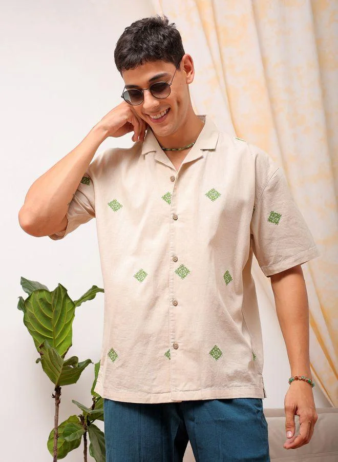 The Indian Garage Co Men Relaxed Fit Placement Embroidered Half Sleeves Cuban collar Resort Wear Shirt