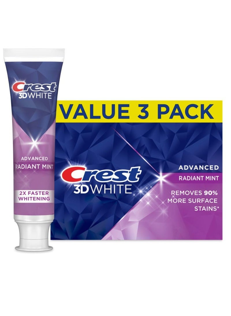 Crest Crest 3D White Advanced Teeth Whitening Toothpaste, Crest 3D White Brilliance Toothpaste, Radiant Mint, 3.3 oz, Pack of 3  - Image 1