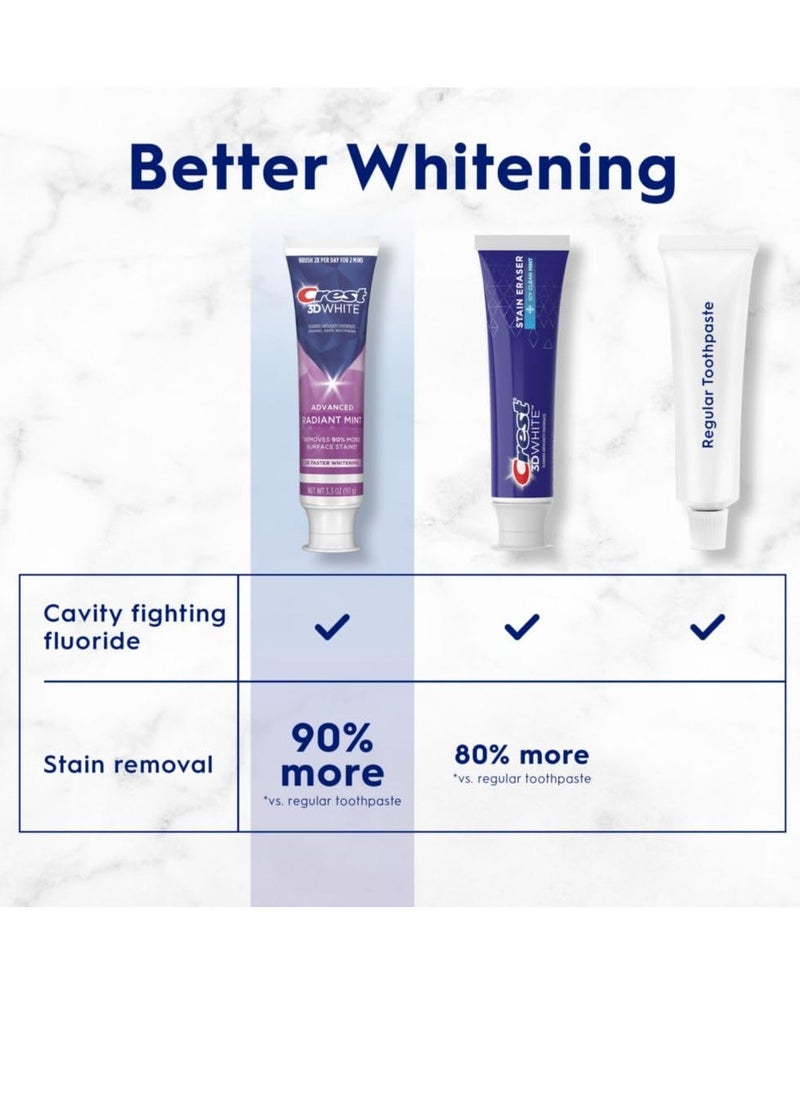 Crest Crest 3D White Advanced Teeth Whitening Toothpaste, Crest 3D White Brilliance Toothpaste, Radiant Mint, 3.3 oz, Pack of 3  - Image 4