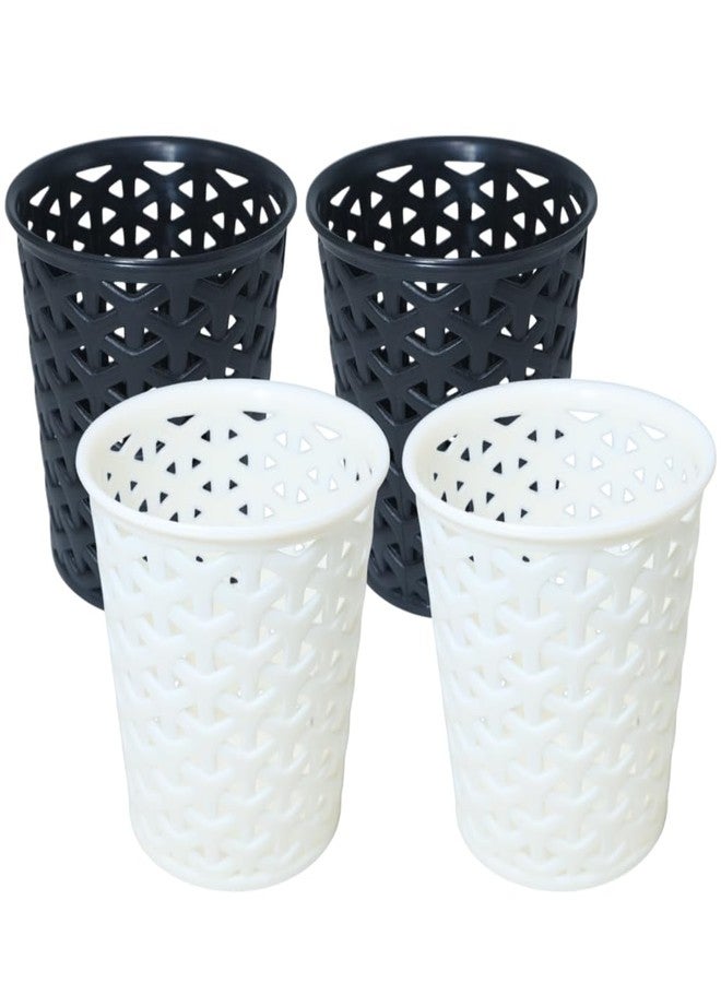 MORVI Linea Big Round Plastic Multipurpose Organizer For Kitchen, Bathroom, Salon, Office|Stationery,Cutlery,Pen,Makeup Brushes Holder|Hanging Toothbrush Stand |Pack Of 4 | BLACK WHITE - Image 1