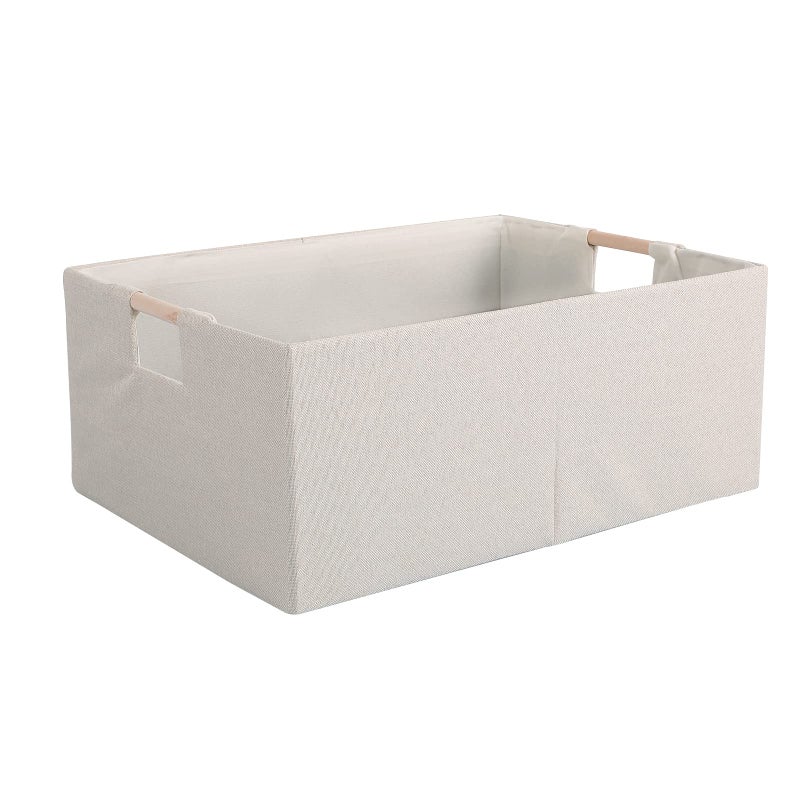 LaMore Fabric Storage Bin Box Foldable Cotton Linen Storage Basket with Wooden Handles Rectangular Cube Decorative Home Laundry Organizer Clothes Blanket Container Beige Large