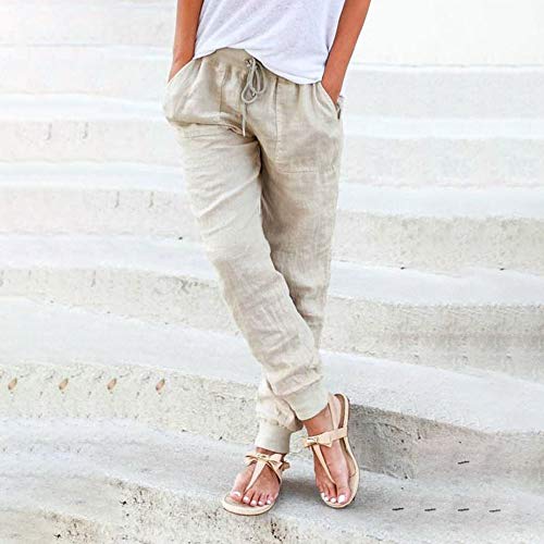 Puimentiua Womens Tapered Pants Cotton Linen Drawstring Back Elastic Waist Pants Casual Trousers with Pockets Khaki - Image 3