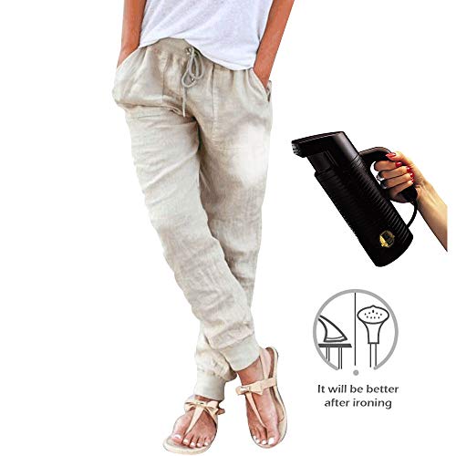 Puimentiua Womens Tapered Pants Cotton Linen Drawstring Back Elastic Waist Pants Casual Trousers with Pockets Khaki - Image 5