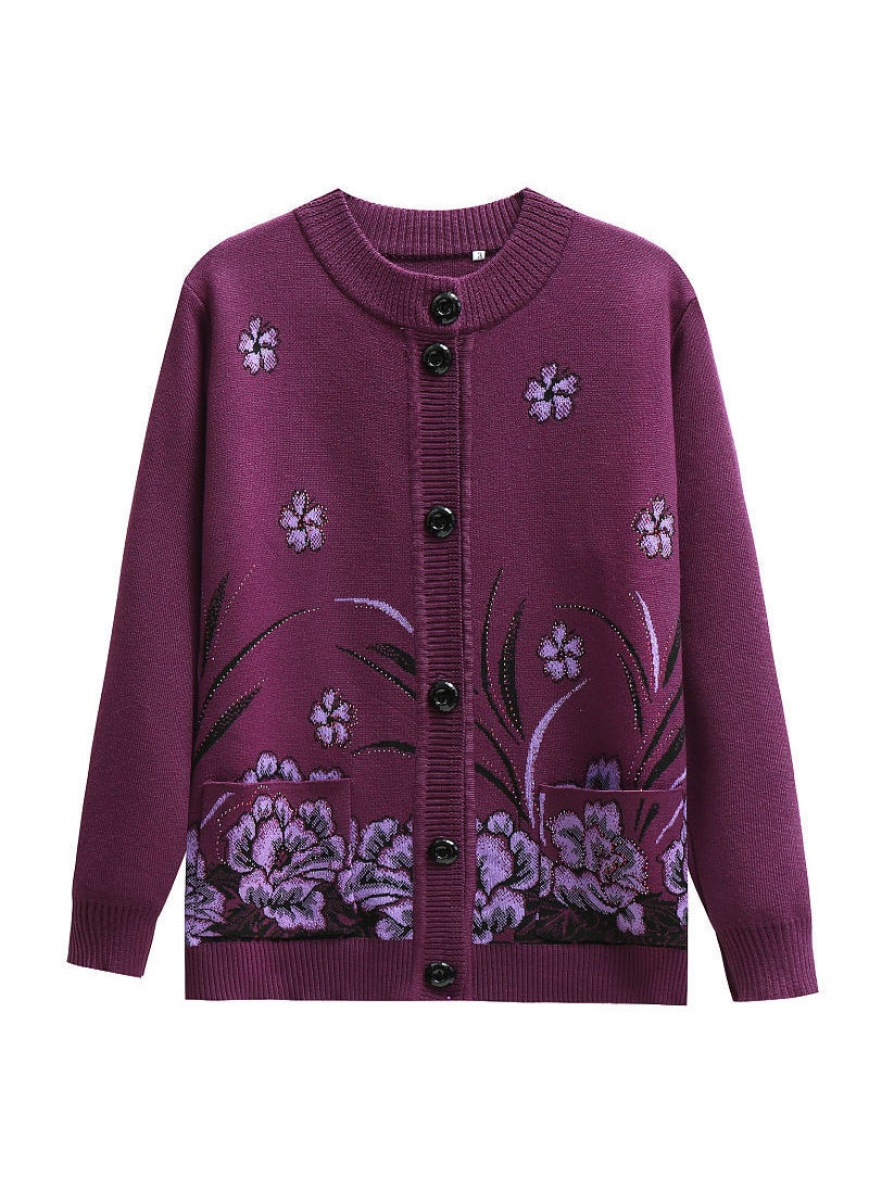 Generic - Middle-aged and elderly female grandma wear winter clothes fleece-lined thickened mother sweater sweater Old Lady Cardigan autumn and winter coatPurple [not fleece-lined]] Purple [not fleece-lined]] - Image 1