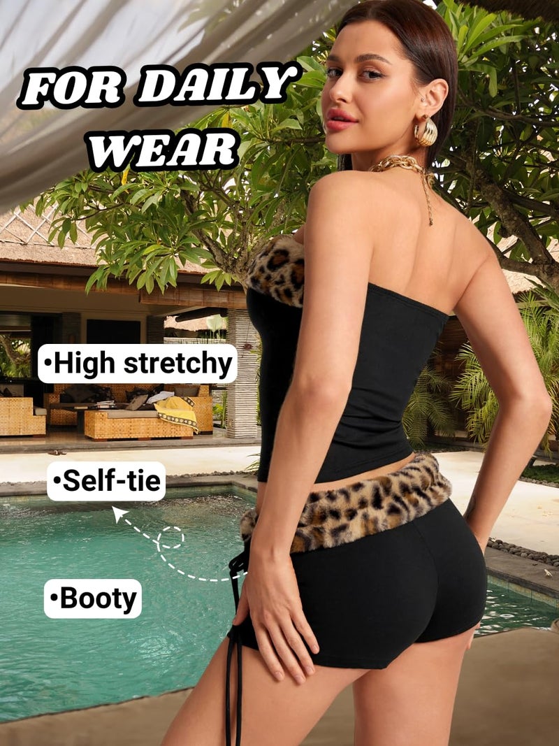 EHSUYAB 2000S Sexy 2 Piece Leopard Club Outfits, Ruched Tube Strapless Crop Top, Low Rise Booty Shorts Casual Going Out Rave Black Medium - Image 3