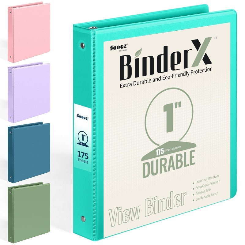 Sooez BinderX Extra Durable 3 Ring Binder, Round Rings 1 Inch Binder, Fits 175 Sheets of 8.5x11 Paper, Customizable View Cover with Inside Pockets, Cute 1" Binders, 1 Inch Binders 3 Ring, Aqua Blue - Image 1