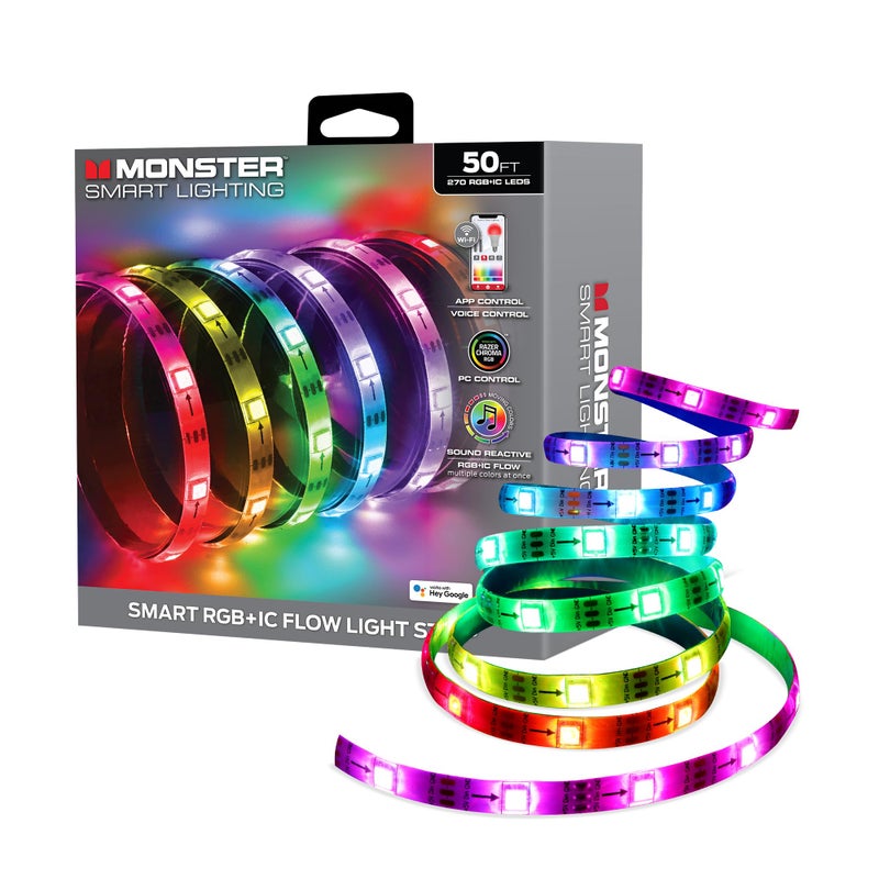 Monster Smart RGB+IC LED Strip Lights 50ft â€“ Sound Reactive Strip Lights for Bedroom, App & Voice Control, RGB Light Strip for Room, Alexa Google Home, Razer Chroma Sync - 270 RGB+IC LED Lights - Image 1