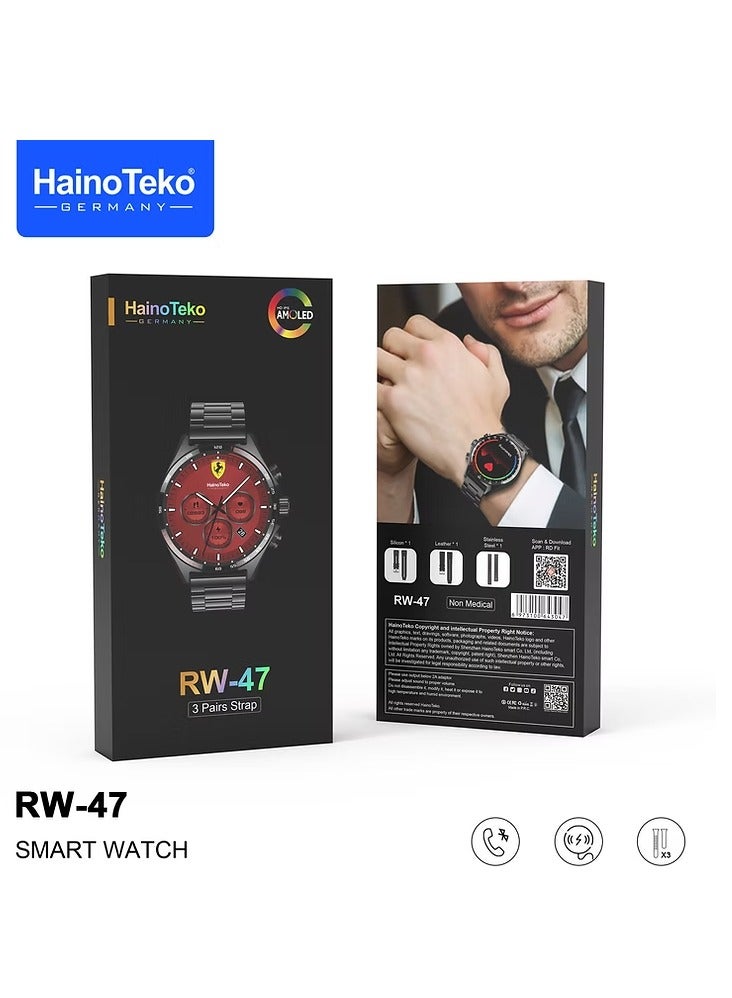 Haino Teko RW 47 AMOLED Large Round Screen Smartwatch with 3 Straps and Wireless Charger for Men Boys Black - Image 1
