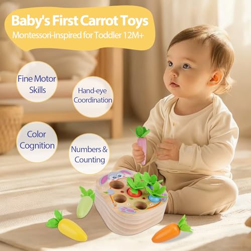 KMTJT Montessori Toys for 1 2 3 Year Old Toddlers Rabbit Carrot Harvest Game Wooden Toys for 612 Months Baby Boys and Girls Shape Sorting Matching 1st Birthday Easter Gifts for Babies 13 Macron - Image 5