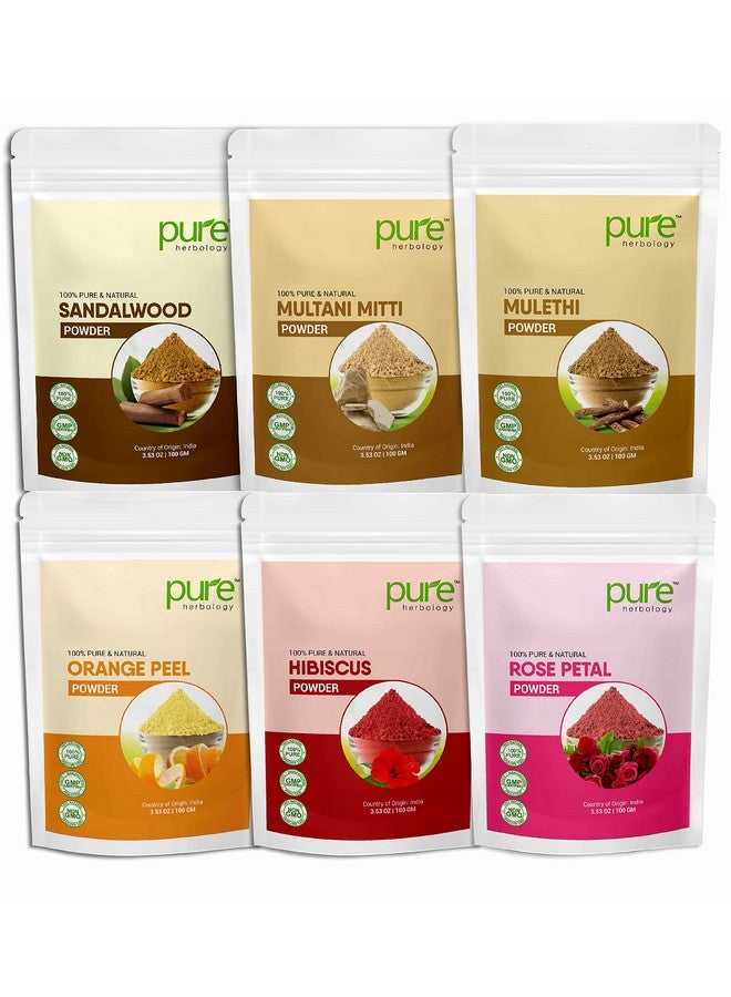 بيور هربولجي مسحوق خشب الصندل النقي والطبيعي، مسحوق بتلات الورد، مسحوق قشر البرتقال، مسحوق مولتاني ميتي، مسحوق مولثي، مسحوق الكركديه، عبوة كومبو لتبييض بشرة الوجه (كل منها 100 جرام) - Image 1