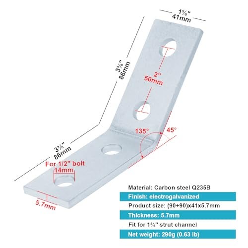 OTTFF 6 Pack 45 Degree Angle Bracket Fitting for 1-5/8" Strut Channel, 4 Hole Corner Brace Connector, 7/32" Thick - Image 2