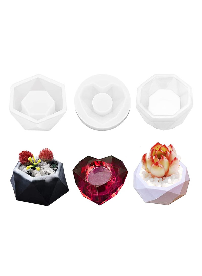 SOLARAE Flower Pot Silicone Resin Molds, DIY Flowerpot Mould Heart Hexagonal and Octagonal Flower Pot Silicone Mold Succulent Plant Vase Gypsum Cement Molds for Making Mini Flowerpot(3Pcs) - Image 1