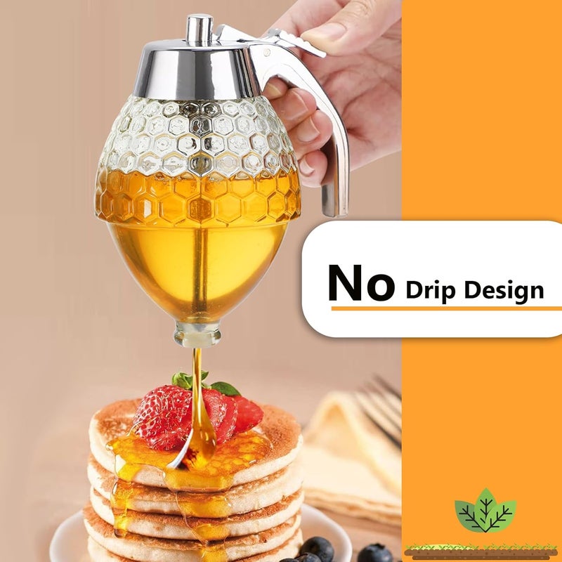 Timtopno Honey Dispenser, Glass Honey Dispenser No Drip, Honey Pot with Stand, 8 oz Honey Jar, Maple Syrup Honey Container, Elegant Honeycomb Design for Home Decor for Any Occasion - Image 2