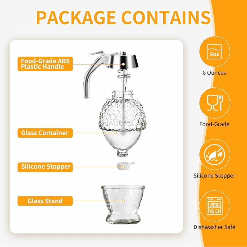 Timtopno Honey Dispenser, Glass Honey Dispenser No Drip, Honey Pot with Stand, 8 oz Honey Jar, Maple Syrup Honey Container, Elegant Honeycomb Design for Home Decor for Any Occasion - Image 3