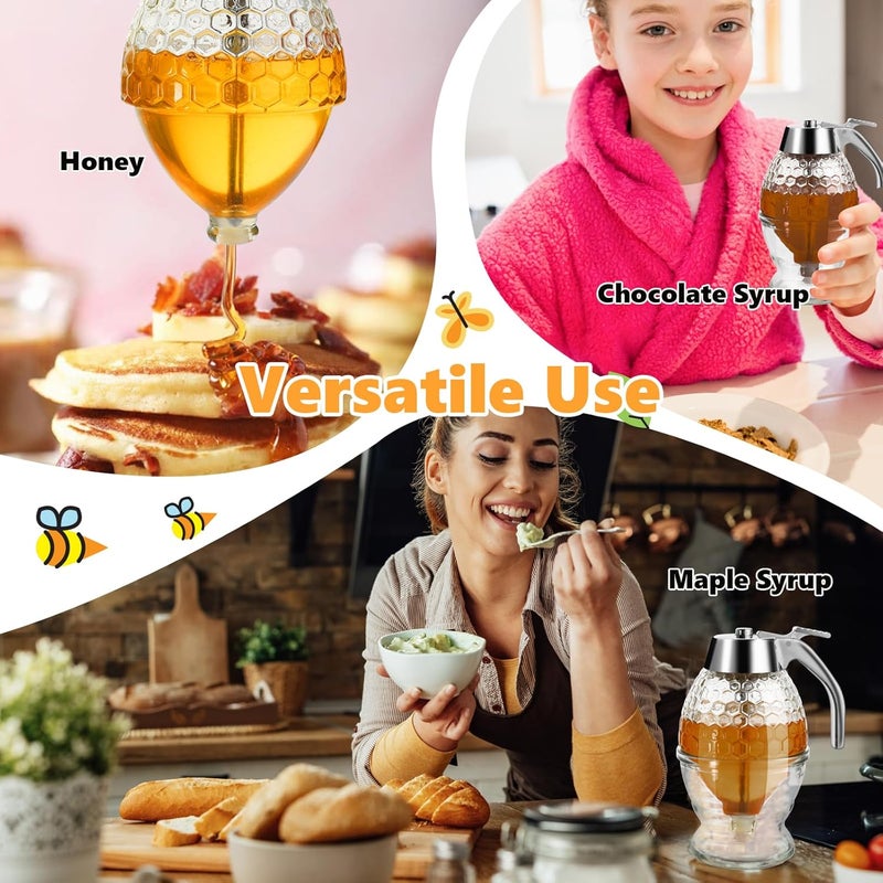 Timtopno Honey Dispenser, Glass Honey Dispenser No Drip, Honey Pot with Stand, 8 oz Honey Jar, Maple Syrup Honey Container, Elegant Honeycomb Design for Home Decor for Any Occasion - Image 4