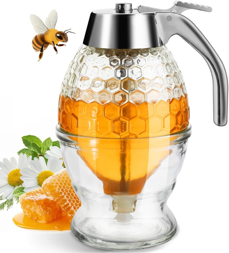 Timtopno Honey Dispenser, Glass Honey Dispenser No Drip, Honey Pot with Stand, 8 oz Honey Jar, Maple Syrup Honey Container, Elegant Honeycomb Design for Home Decor for Any Occasion - Image 1