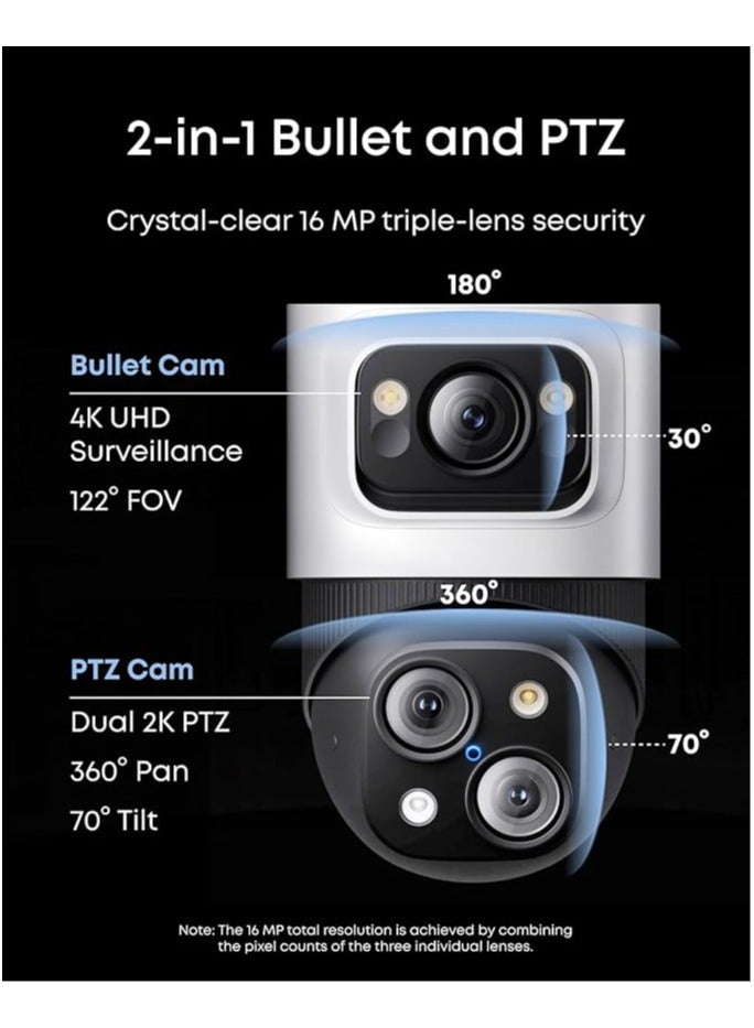 eufy Security PoE Bullet-PTZ CCTV Camera S4 Add-On, Wired Outdoor Cam, 4K UHD Triple Lens, 122° FOV, 360° Pan & Tilt, 8× Auto Zoom, AI Tracking, Red & Blue Lights, Colour Vision, 24/7 Recording, IP65 - Image 2