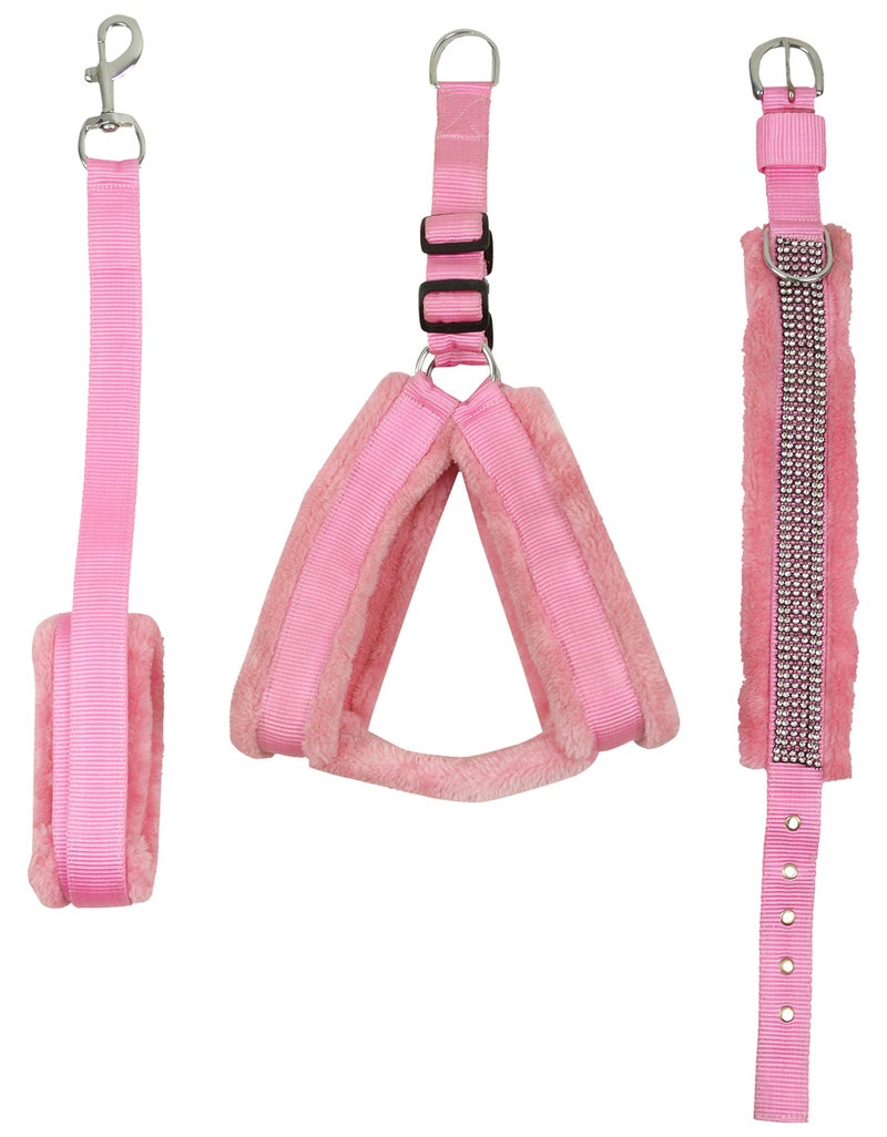 Skora Nylon Pink 1 inch Fur Harness, Collar & Leash (Chest Size : 26-30 inch) Medium Dog Harness & Leash (Medium, Pink) - Image 1