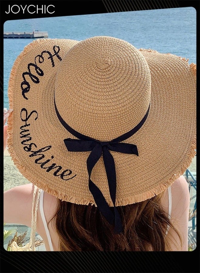 Joychic قبعة شمسية نسائية واسعة الحواف مزينة بالتطريز لحماية من الشمس، قبعة شاطئية بسيطة بأحرف وشرابة رفيعة - Image 1