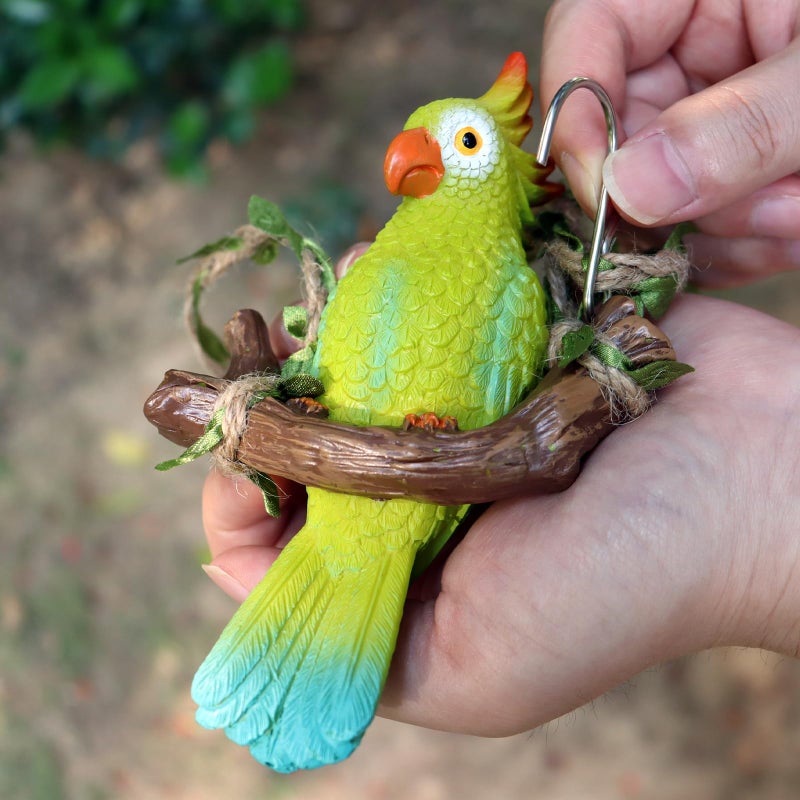 XKFLAUHM Hanging Resin Parrot Decor Tiki Bar Decorations Outdoor Tropical Yard Pool Decorations Indoor Hanging Bird Statue for Tree Plant Patio Garden Lawn Porch Balconies Decor(Green) - Image 4