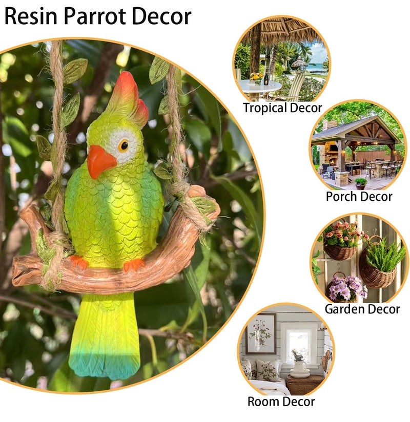 XKFLAUHM Hanging Resin Parrot Decor Tiki Bar Decorations Outdoor Tropical Yard Pool Decorations Indoor Hanging Bird Statue for Tree Plant Patio Garden Lawn Porch Balconies Decor(Green) - Image 3