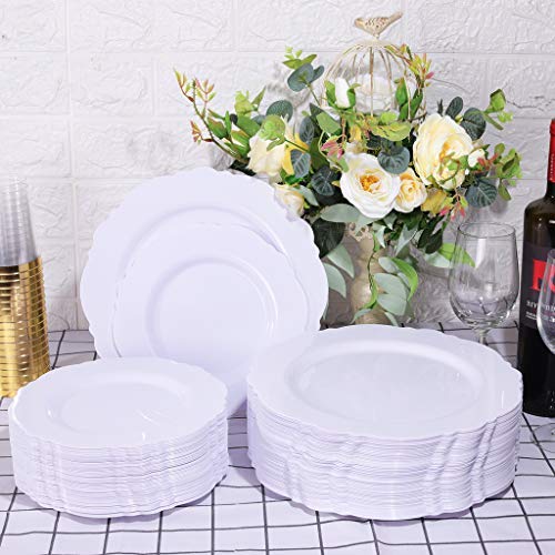 WDF 60pcs White Plastic Plates -10.25inch Baroque White Disposable Dinner Plates for Upscale Parties &Wedding - Image 3