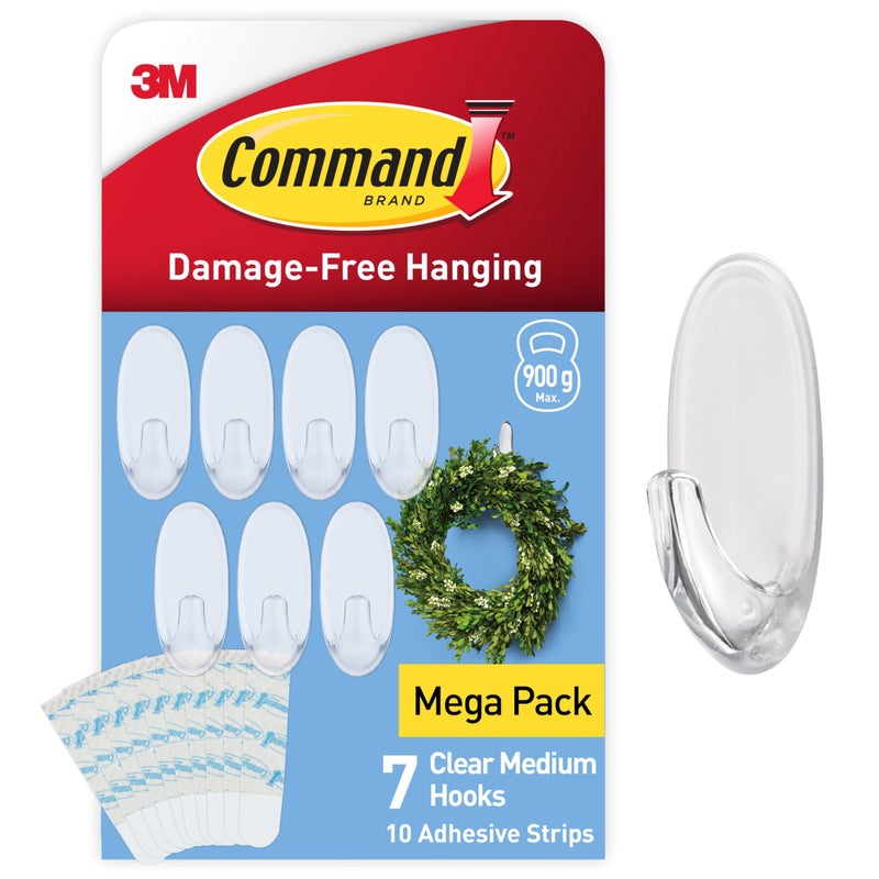 كوماند Command Medium Hooks, Clear, 7 Hooks and 10 Adhesive Strips - Image 1