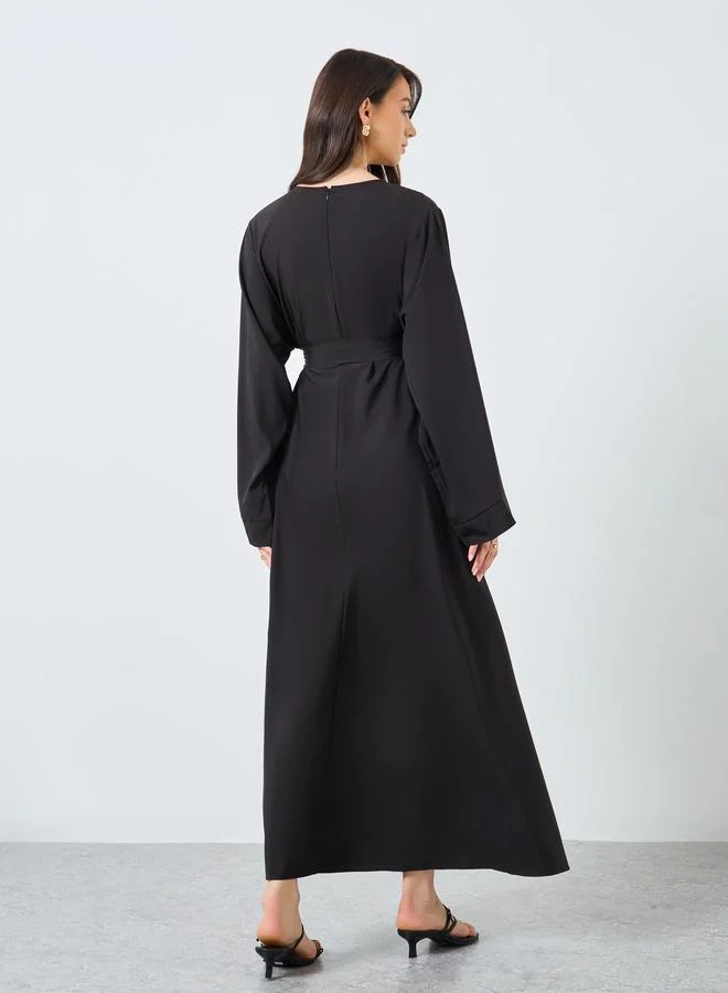 تايك تو Take Two Solid Long Sleeve Belted Abaya