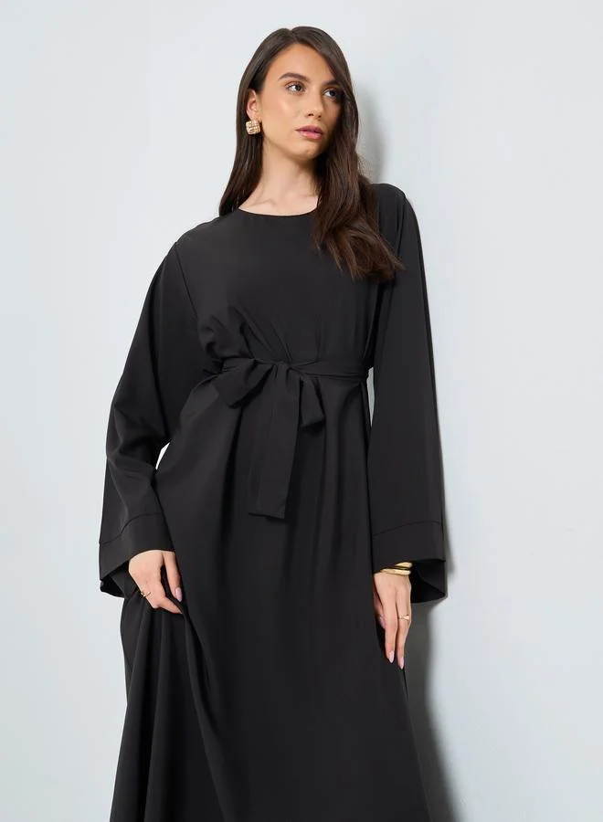 تايك تو Take Two Solid Long Sleeve Belted Abaya