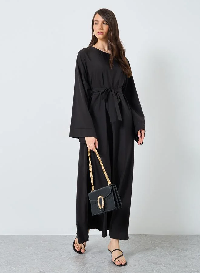 Take Two Solid Long Sleeve Belted Abaya