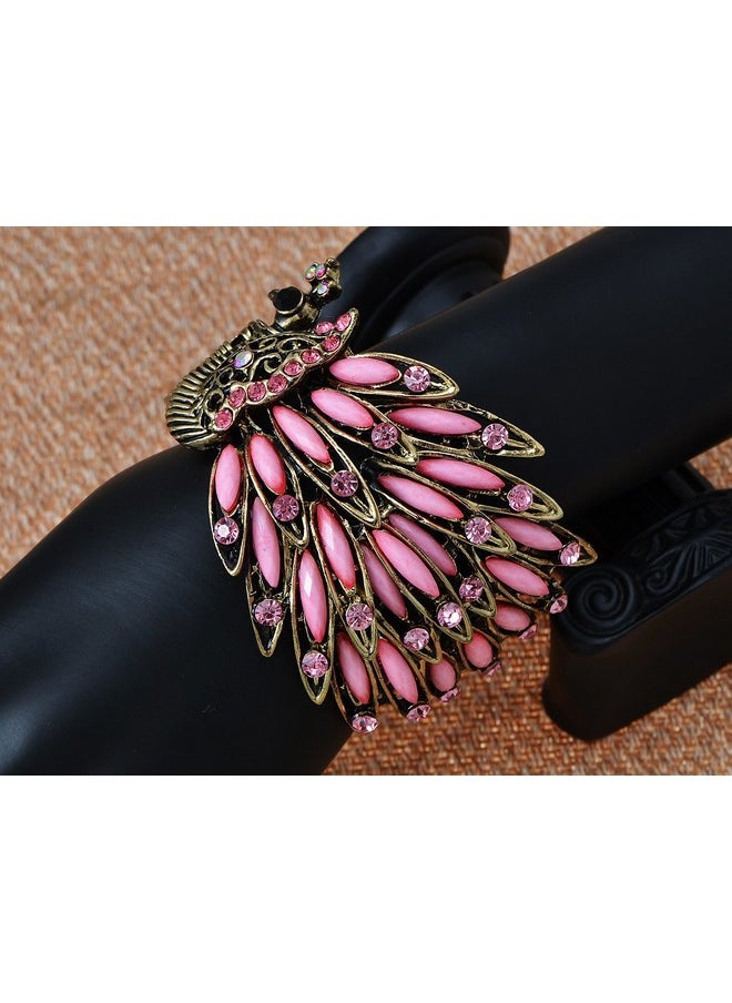 Alilang Womens Antique Golden Tone Peacock Bracelet Bangle With Pink Crystal Gems  - Image 2