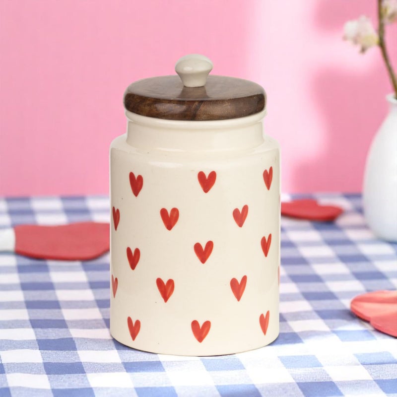 ClayStone Airtight Ceramic Jar - 900ml Each - Wooden Lid - Kitchen Containers for Sugar, Tea, Salt, Pickles, Pulses & More (Red Heart) - Image 5
