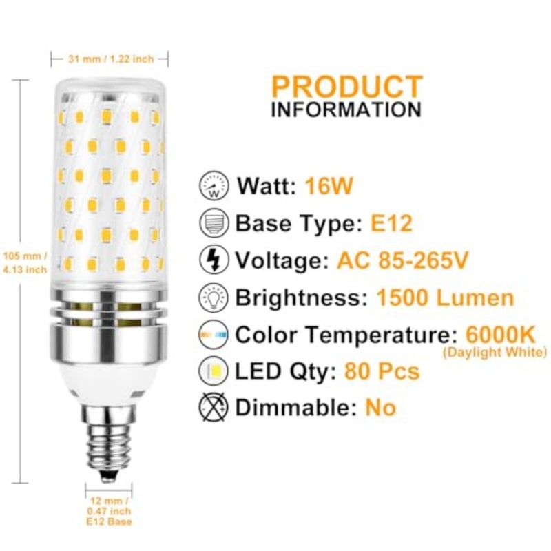 E12 LED candelabra chandelier bulbs for ceiling fan fixtures, ceramic base, warm white 3000K, 16W high brightness 1500 lumen non-dimmable energy saver - Image 2